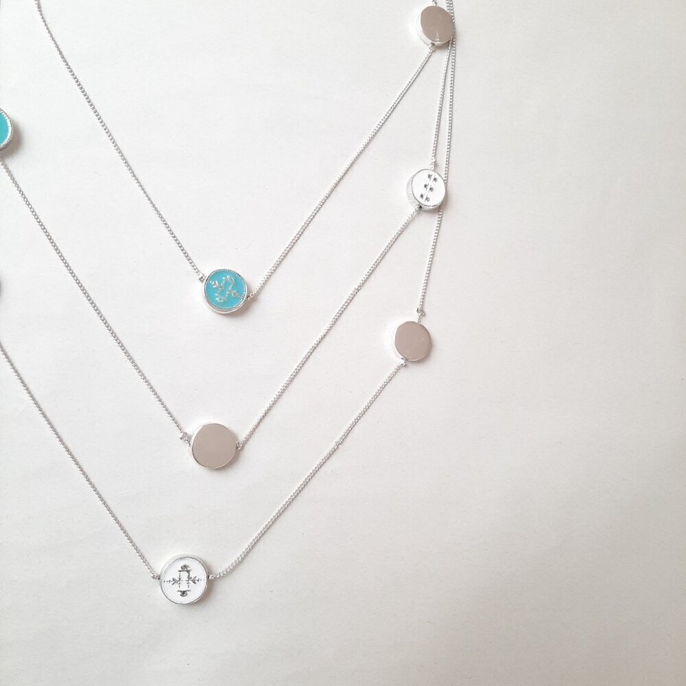 Chaps Multi-Strand Long Silver Necklace with Turquoise, White, and Silver Charms - Picture 3 of 4